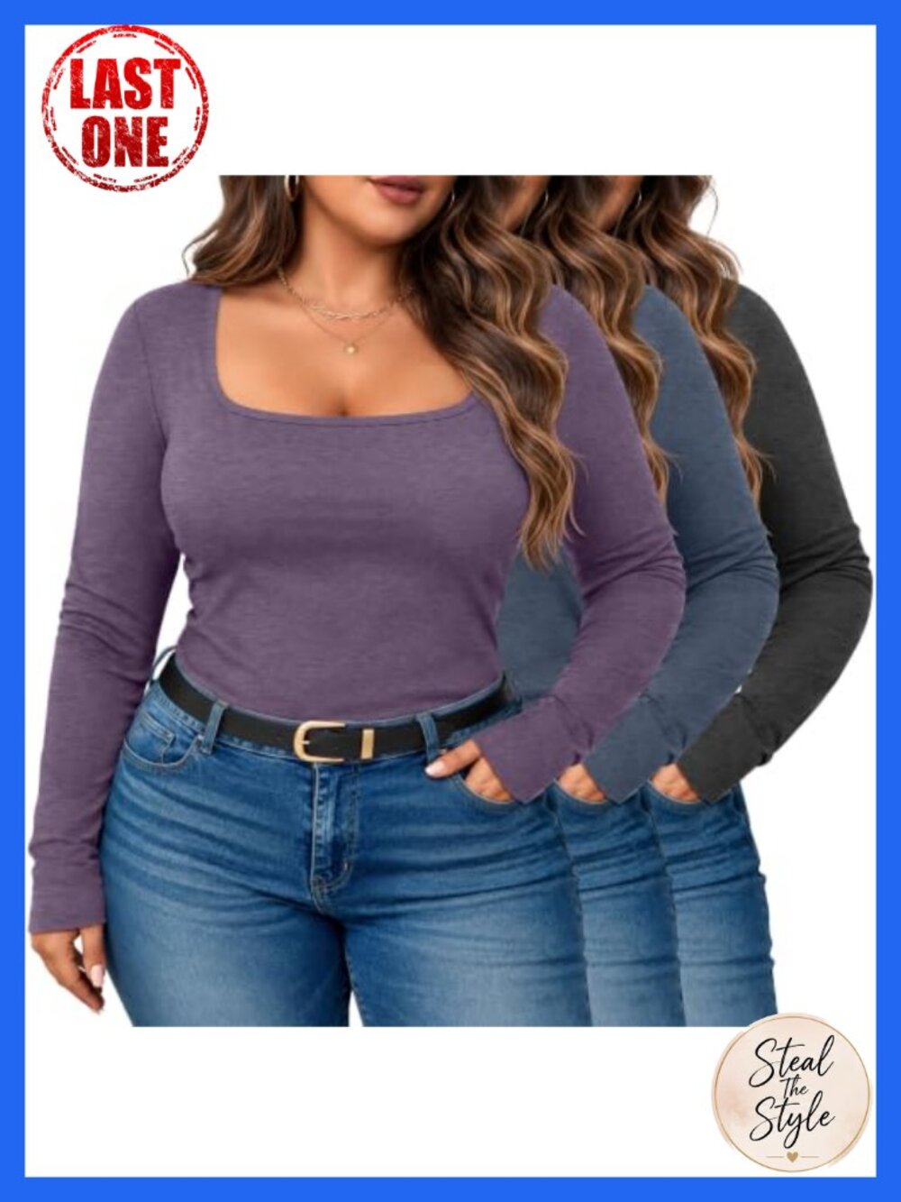 Plus Size Square Neck Long Sleeve Cotton Blend Tops 3 Pack